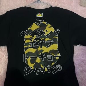 Bape Black Tee with Yellow/Olive Camo Ape Head Graphic